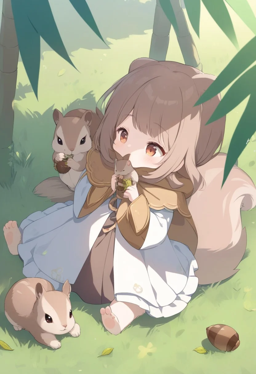 a cute baby squirrel, holding an acorn, wearing fantasy clothing, cloak on back, chewing on bamboo, leaves, grass, dark shadows, beautiful, happy