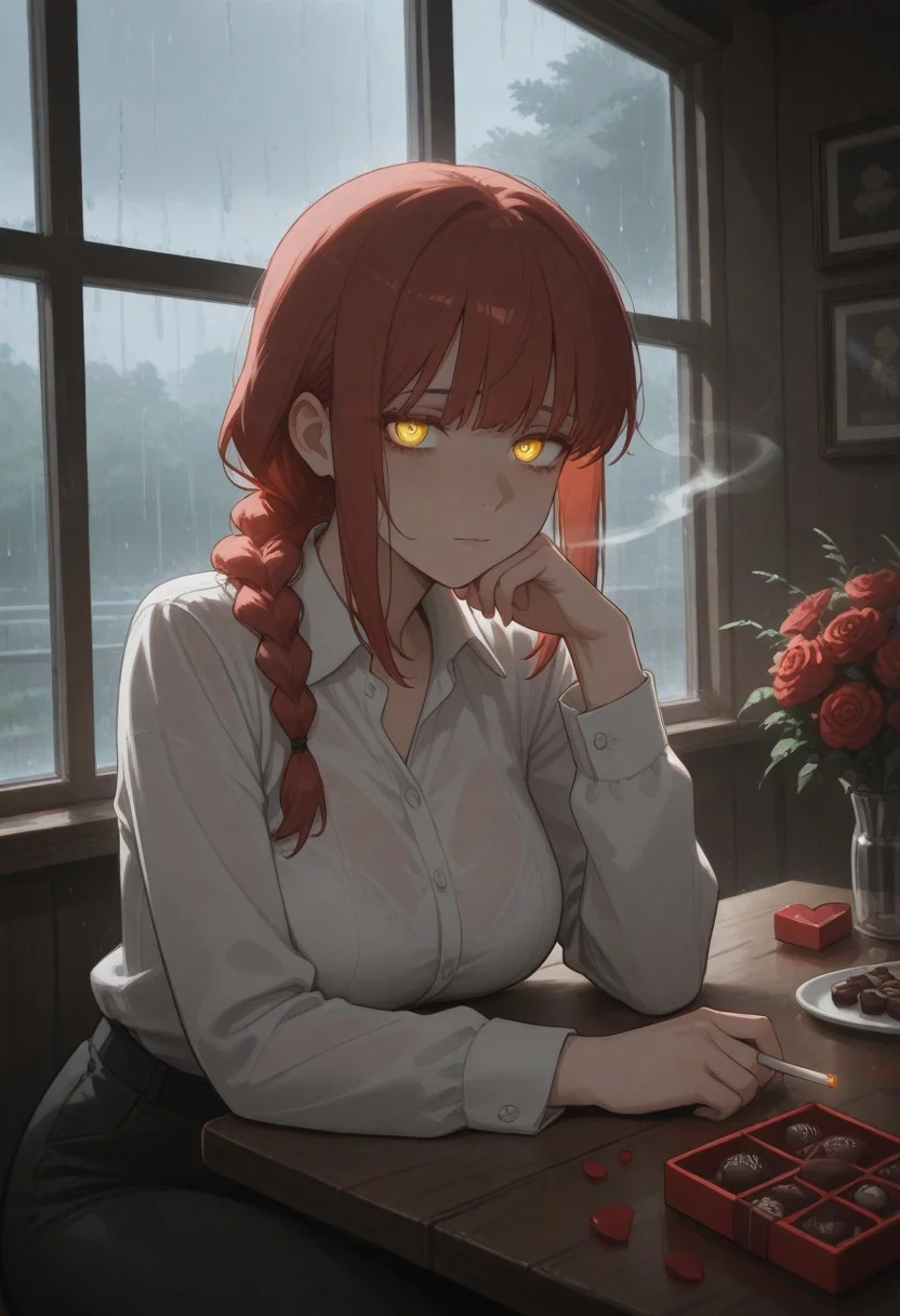 masterpiece, by piaki,  best quality, very detailed, 
1 girl, Makima, red hair, braided ponytail, large breasts, yellow eyes, ringed eyes, glowing eyes,
White collared shirt, black pants,
Indoor, cafe, sitting at a table, smoking cigarette, cigarette in hand, blowing smoke, sad expression, head resting one one hand, rainy day, looking out of window, view through windom, viewer outside, water running down window, heart shaped chocolate box on table, bouquet of roses on table,