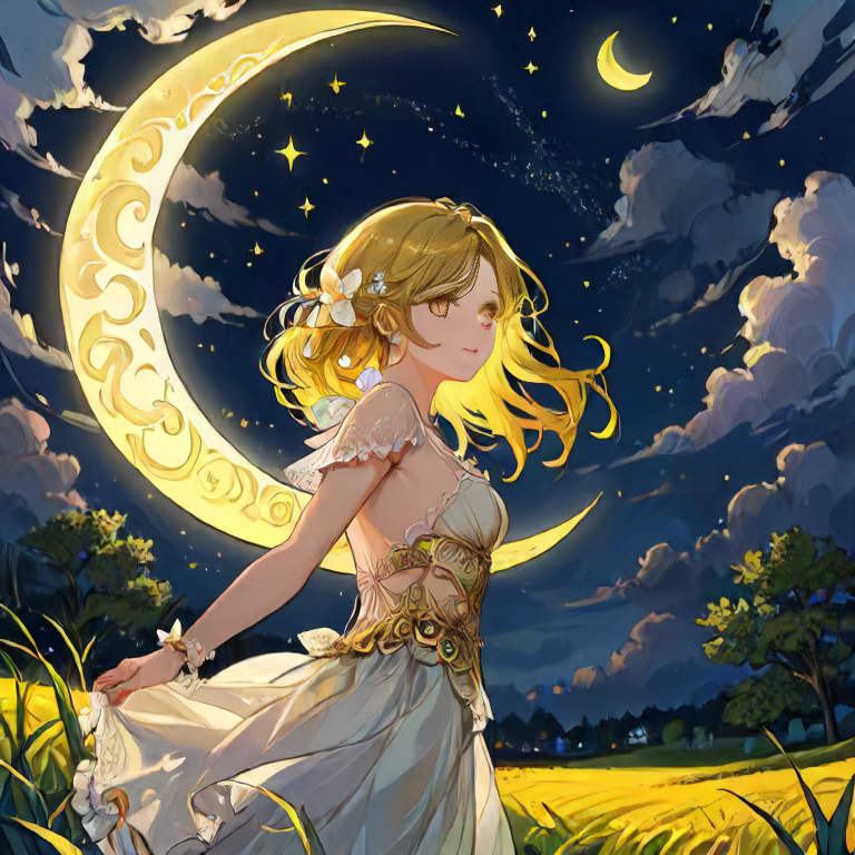 a young woman who is glowing yellow at night in a field, the half-moon is overhead, <lora:DetailTweakerXL:1>, OverallDetailXL, <lora:FaceDetailerXL:0.5>, <lora:ExtremelyDetailed:1>