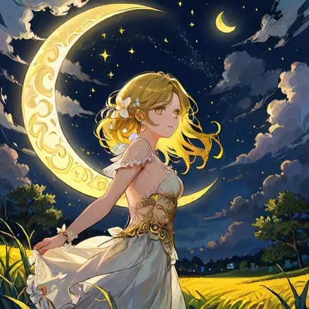 a young woman who is glowing yellow at night in a field, the half-moon is overhead, <lora:DetailTweakerXL:1>, OverallDetailXL, <lora:FaceDetailerXL:0.5>, <lora:ExtremelyDetailed:1>