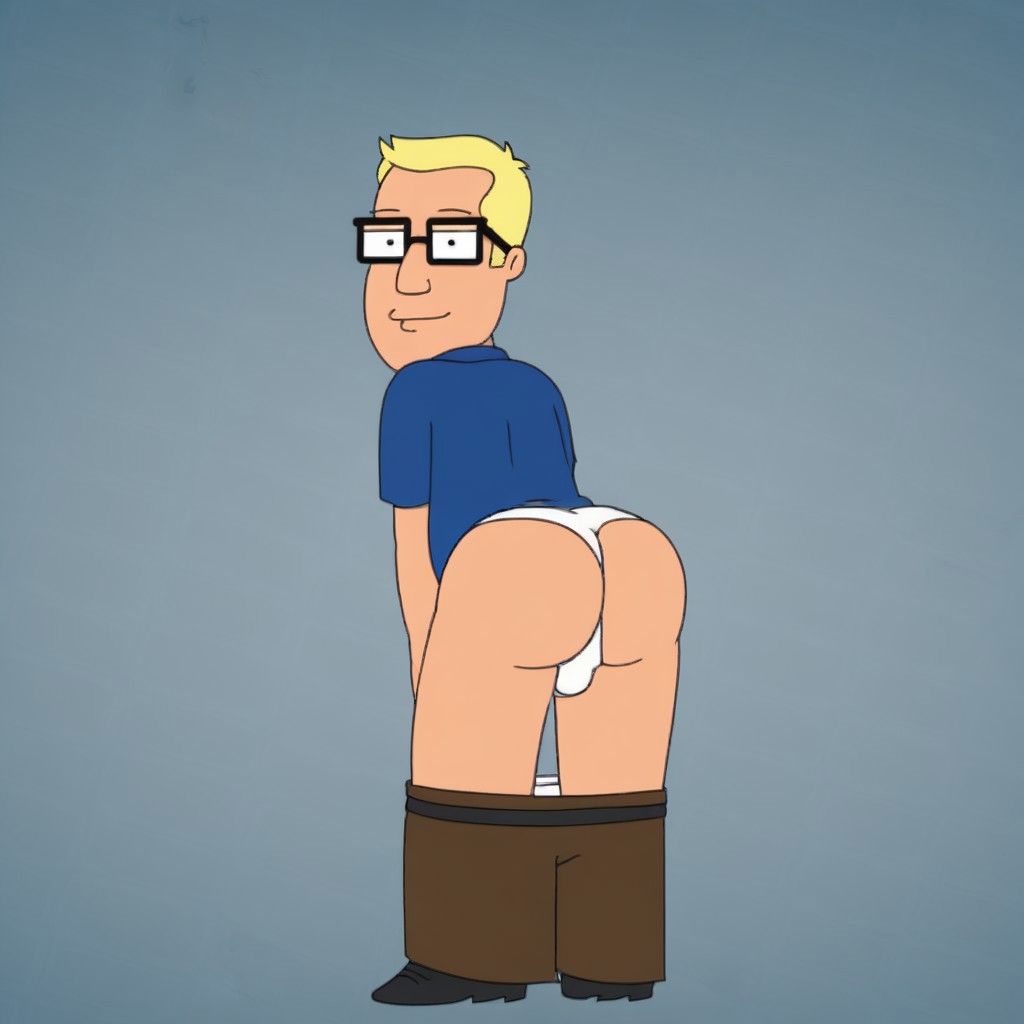 1boy, solo, blonde hair, blue polo shirt, white necktie, james Thompson, glasses, indoors, browm dress pants, 1boy, solo, ass, butt, big ass, juicy ass, ass focus, average build, pants down around leges, office background, bent over desk, toon style, looking back, smiling, back turned, underwear exposed, white briefs underwear,