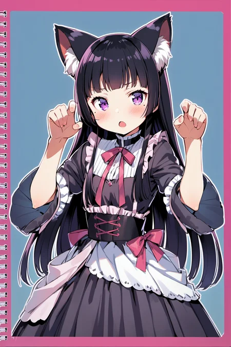 1girl, gokou ruri, animal ears, long hair, solo, mole under eye, black hair, cat ears, paw pose, mole, purple eyes, dress, blush, black dress, hime cut, open mouth,<lora:Kanzaki Hiro_XL:0.8>