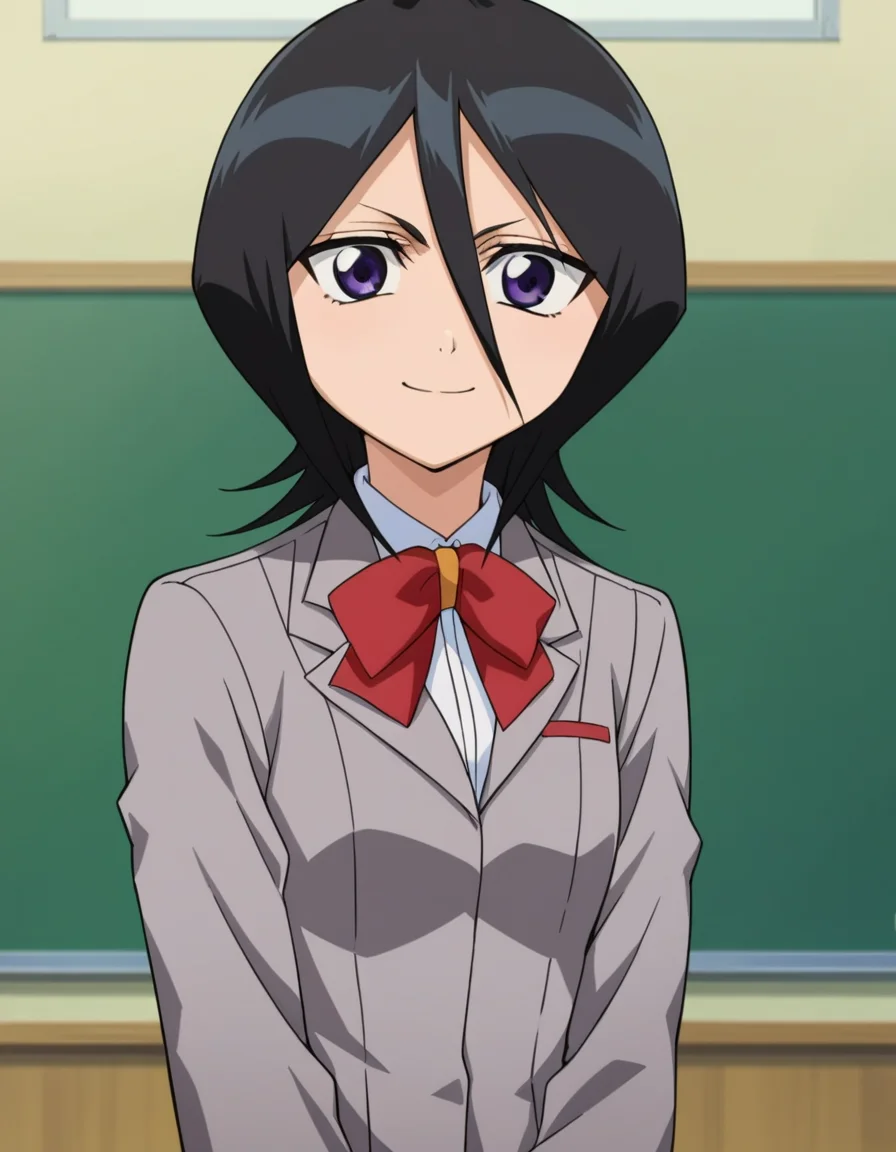 score_9, score_8_up, score_7_up, source_anime,
rukiakuchiki, <lora:rukia-kuchiki-s1-ponyxl-lora-nochekaiser:1>,
rukia kuchiki, black hair, hair between eyes, purple eyes, short hair,
skirt, bow, school uniform, jacket, blazer, grey jacket,
indoors, classroom, smile,
looking at viewer, cowboy shot, dutch angle,