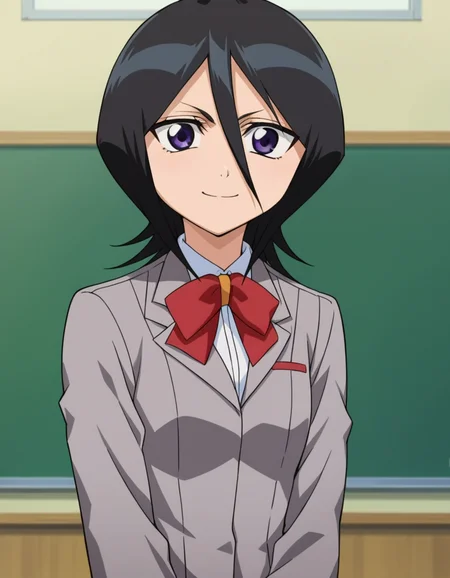 score_9, score_8_up, score_7_up, source_anime,
rukiakuchiki, <lora:rukia-kuchiki-s1-ponyxl-lora-nochekaiser:1>,
rukia kuchiki, black hair, hair between eyes, purple eyes, short hair,
skirt, bow, school uniform, jacket, blazer, grey jacket,
indoors, classroom, smile,
looking at viewer, cowboy shot, dutch angle,