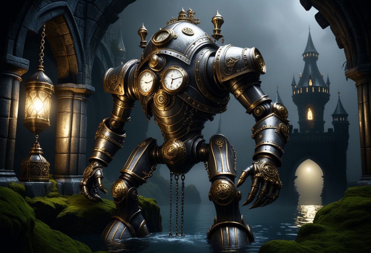 giant bipedal robot silver and white orange stripes and bronze gold paisley robot. lacy robot diving helmet head. outside of a steampunk keep. large detailed torso. dark image. one forty foot tall ancient robot with great arms and two heavy spring legs. dark foggy night background. $dark foggy night image only. dark photo realistic image. steampunk details. cogs, chains and pipes incorporated in the fantasy buildings. magic wizards tower in background. Dark swamp, moss, castle ruins, wizards tower. stormy dark night. small flaming machines. scorpion
