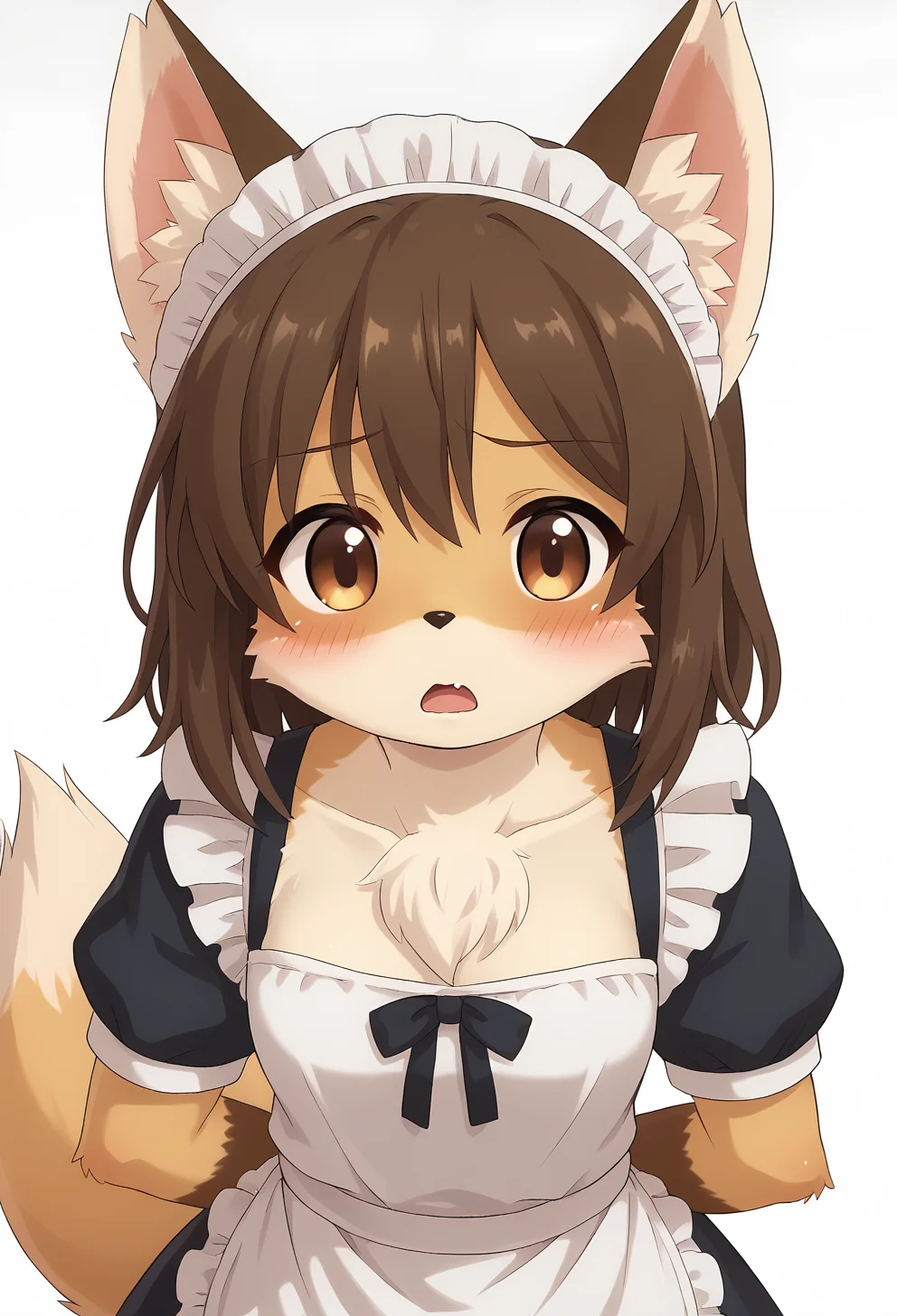 score_9, score_8_up, score_7_up, source_furry, kmc, <lora:FoxGirl_pony_v1:1>, anime screencap, furry female, furry, animal ears, tail, tareme, brown eyes, looking at viewer, blush, fox ears, brown hair, medium hair, open mouth, maid, maid apron, maid headdress, fox tail, upper body, from above, simple background, white background, <lora:p:0.3> <lora:Anime_Screencap:0.7>