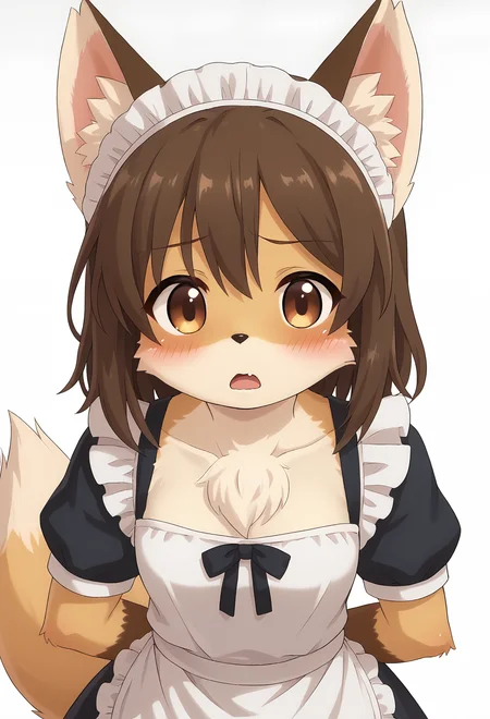 score_9, score_8_up, score_7_up, source_furry, kmc, <lora:FoxGirl_pony_v1:1>, anime screencap, furry female, furry, animal ears, tail, tareme, brown eyes, looking at viewer, blush, fox ears, brown hair, medium hair, open mouth, maid, maid apron, maid headdress, fox tail, upper body, from above, simple background, white background, <lora:p:0.3> <lora:Anime_Screencap:0.7>