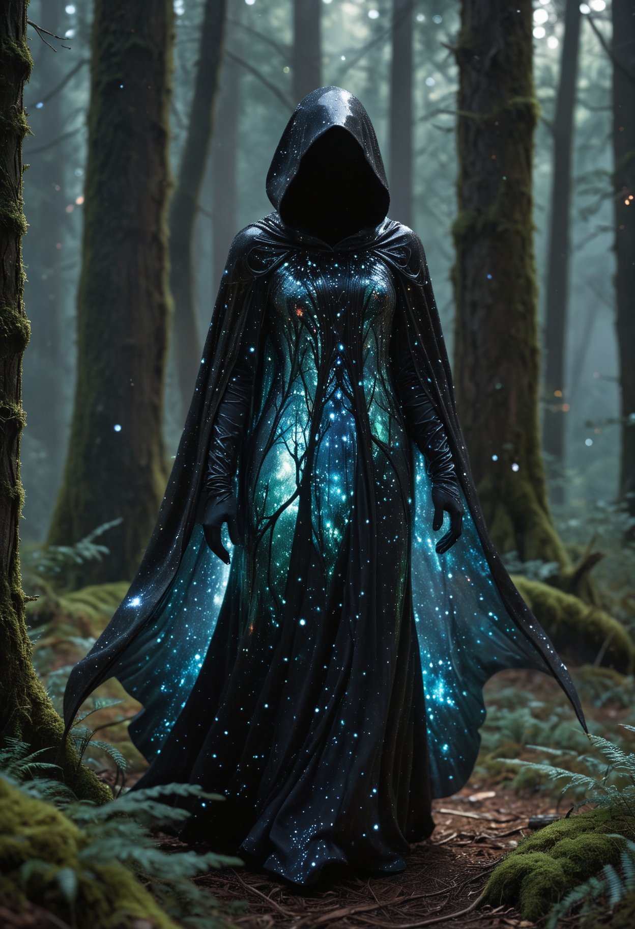 Horror-themed  a tiny micro universe inside an opal marble, here's a brand new image generation prompt: a mystical forest unfolds before us, where towering trees with iridescent bark seem to absorb and reflect the soft light of luminescent mushrooms growing at their bases. the air is thick with an otherworldly energy that crackles with ancient magic. amidst this enchanted landscape, a figure emerges from the shadows: a being with skin like polished obsidian, adorned in a flowing cloak that shimmers with tiny, glittering stars. their eyes burn with an inner light as they walk towards us, their very presence seeming to awaken the forest's secrets and draw forth hidden powers from the trees themselves., tiny unexplored ecosystem, sparks,
16k, high-definition, 32-bit high color, high-resolution, high-fidelity, high-quality, ultra HD, super-resolution, enhanced detail, crystal clear, high-definition color, high-definition texture, sharpness boost, ultra-high quality.
ensure that the hands and fingers are anatomically correct and believable,
ensure that all things for my pictures looks extremely realistic and believable,
ensure that the clothes looks realistic and believable,
ensure that the clothing shadow looks realistic and believable,
ensure that the light and shadow looks realistic and believable,
ensure that the characters looks extremele realistic and believable, . Eerie, unsettling, dark, spooky, suspenseful, grim, highly detailed