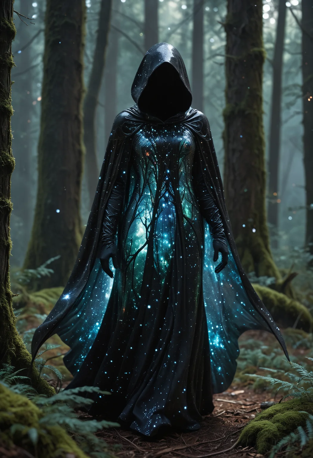 Horror-themed  a tiny micro universe inside an opal marble, here's a brand new image generation prompt: a mystical forest unfolds before us, where towering trees with iridescent bark seem to absorb and reflect the soft light of luminescent mushrooms growing at their bases. the air is thick with an otherworldly energy that crackles with ancient magic. amidst this enchanted landscape, a figure emerges from the shadows: a being with skin like polished obsidian, adorned in a flowing cloak that shimmers with tiny, glittering stars. their eyes burn with an inner light as they walk towards us, their very presence seeming to awaken the forest's secrets and draw forth hidden powers from the trees themselves., tiny unexplored ecosystem, sparks,
16k, high-definition, 32-bit high color, high-resolution, high-fidelity, high-quality, ultra HD, super-resolution, enhanced detail, crystal clear, high-definition color, high-definition texture, sharpness boost, ultra-high quality.
ensure that the hands and fingers are anatomically correct and believable,
ensure that all things for my pictures looks extremely realistic and believable,
ensure that the clothes looks realistic and believable,
ensure that the clothing shadow looks realistic and believable,
ensure that the light and shadow looks realistic and believable,
ensure that the characters looks extremele realistic and believable, . Eerie, unsettling, dark, spooky, suspenseful, grim, highly detailed