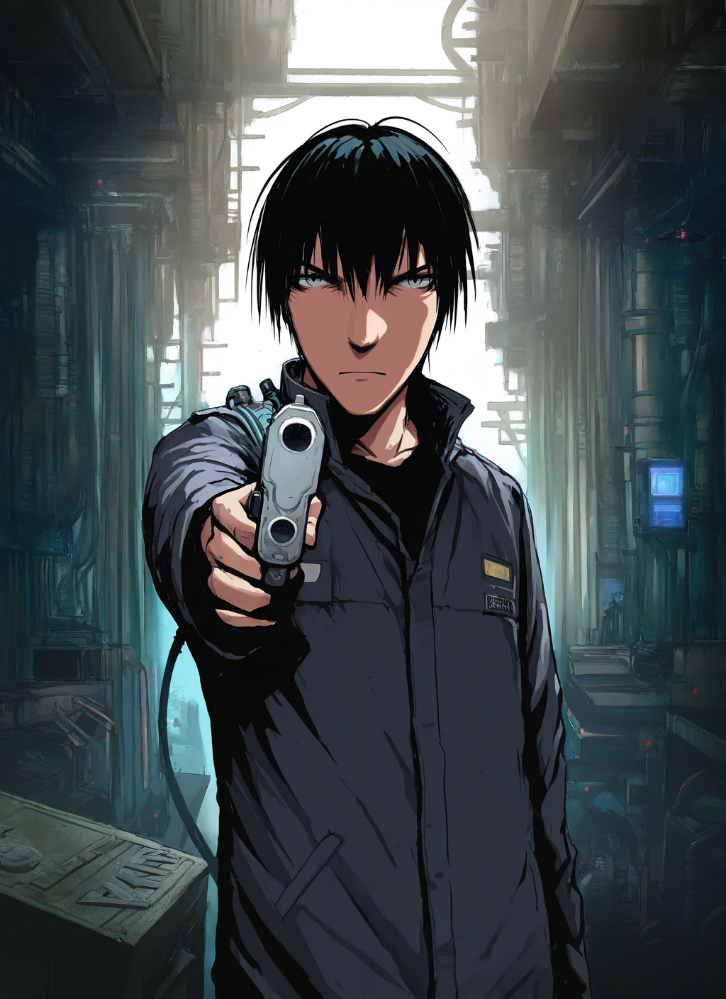 artist:, masterpiece, best quality, newest, very awa, absurdres, highres, tmnh, 1boy, killy, maniacal laugh, black hair, grey eyes, pointing gun at viewer, grey jacket, factory, robotics, detailed, <lora:Tsutomu_Nihei_Blame_Style_Illustrious:1.0>