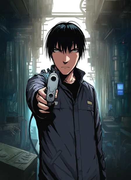 artist:, masterpiece, best quality, newest, very awa, absurdres, highres, tmnh, 1boy, killy, maniacal laugh, black hair, grey eyes, pointing gun at viewer, grey jacket, factory, robotics, detailed, <lora:Tsutomu_Nihei_Blame_Style_Illustrious:1.0>