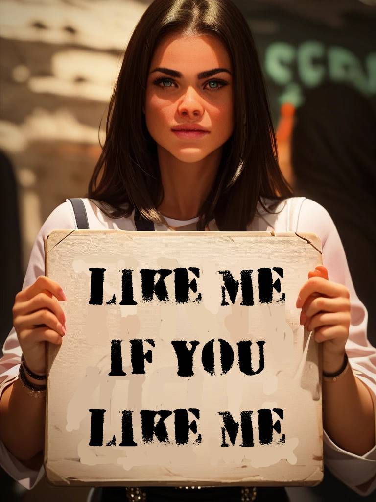 score_9,score_8_up,score_7_up,score_6_up,score_5_up,score_4_up,delicate images, SFW, ((((Hold up a sign saying "LIke me if you like me":1.2)))),1girl,miriam, dressed, upper body, 5 fingers per hand