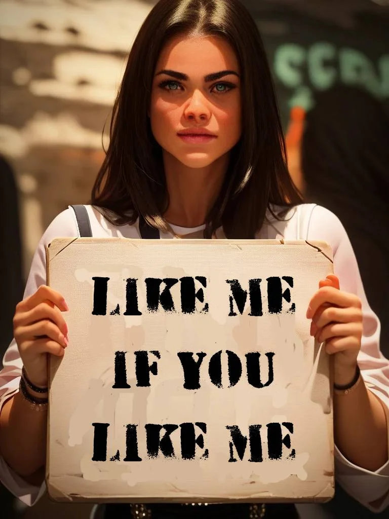 score_9,score_8_up,score_7_up,score_6_up,score_5_up,score_4_up,delicate images, SFW, ((((Hold up a sign saying "LIke me if you like me":1.2)))),1girl,miriam, dressed, upper body, 5 fingers per hand