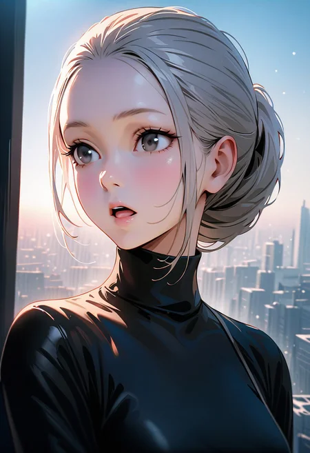 (graphic novel style, dark novel style:1.5),(anime), (masterpiece:1.4), (soft cinematic light:1.1), incredibly lifelike, Extremely high-resolution details, 8k, best quality,extremely detailed, contrast,
high tech design,
 gallery of contemporary art, inside, portrait old woman against the backdrop of a giant floor-to-ceiling window, through which one can see a city landscape with skyscrapers and a sunset , open mouth, one portrait ((elderly)) woman in a ((black long dress)) and black high-heeled shoes, elderly, old woman, [Nordic], Hourglass elongated body, Oval Face, Long neck, Rounded shoulders, long slim thin arms, Attached Pointed ears, round forehead, (gray Updo short combed back hair), snub nose, Arched eyebrows, Monolid black Eyes, High Round Narrow cheekbones, Hollow Cheeks, Rounded Chin, Rounded Jawline, thin Lips, (black eyes), (square glasses), (Wrinkles),