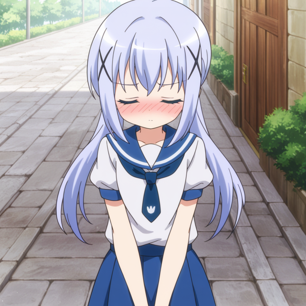 nsfw, masterpiece, best quality, amazing quality, 1girl, solo, is_the_order_a_rabbit_chino_kafu, blush, nose blush, blue eyes, x hair ornament, blue hair, twintails, long hair, short sleeves, blue skirt, school uniform,white shirt, sailor collar,  closed eyes, closed mouth, serafuku, bangs, outdoors, blue sailor collar, day, blue necktie, puffy sleeves, <lora:Chino_Kafu_-_Is_the_Order_a_Rabbit:0.7>