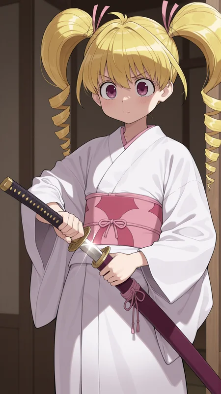 masterpiece, best quality, amazing quality, 1girl, solo, <lora:IlluBiscuit:1> illubiscuit, purple eyes, blonde hair, twintails, drill hair, white kimono, sheath, sword, tsuka \(handle\), unsheathing, holding,