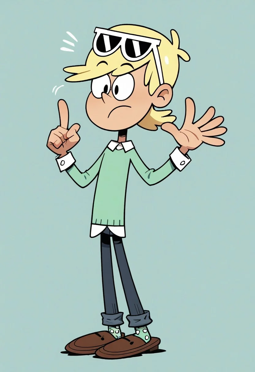 (score_9 | score_8_up | score_7_up) ((masterpiece:1))(best quality,very high quality,ultra detailed:1.2) (2D,cartoon style,anime style)(Smooth:2)(clean blurring) (four fingers on each hand,one thumb on each hand:1), Loni loud, solo, 1boy, Blonde hair, short Blonde hair, light Green silk sweater with a white long-sleeved shirt underneath, dark blue jeans, sunglasses, light Green socks with white spots, Brown dress shoes