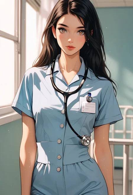 masterpiece,best quality, highly detailed, score_9, score_8_up, score_7_up, score_6_up, source_cartoon, medium shot, 1 girl, fit, beautiful, long wet hair, black hair, detailed face, light brown eyes, Hospital corridor, light blue scrub top, matching scrub pants, stethoscope & ID badge