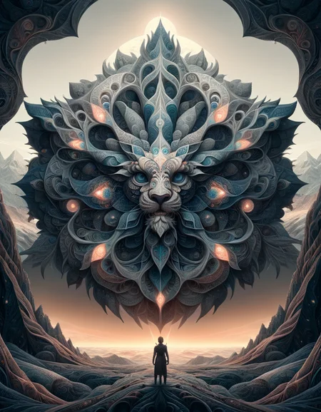 two shot angle of a Puny "The Mythology of ral-kldscop", at Dawn, Very wide view, award winning, Monochrome, digital art by Beeple, <lora:ral-kldscop:1>, enchanted, beautiful, fabulous colors, magnificent, beautiful detailed, intricate detail, highly enhanced