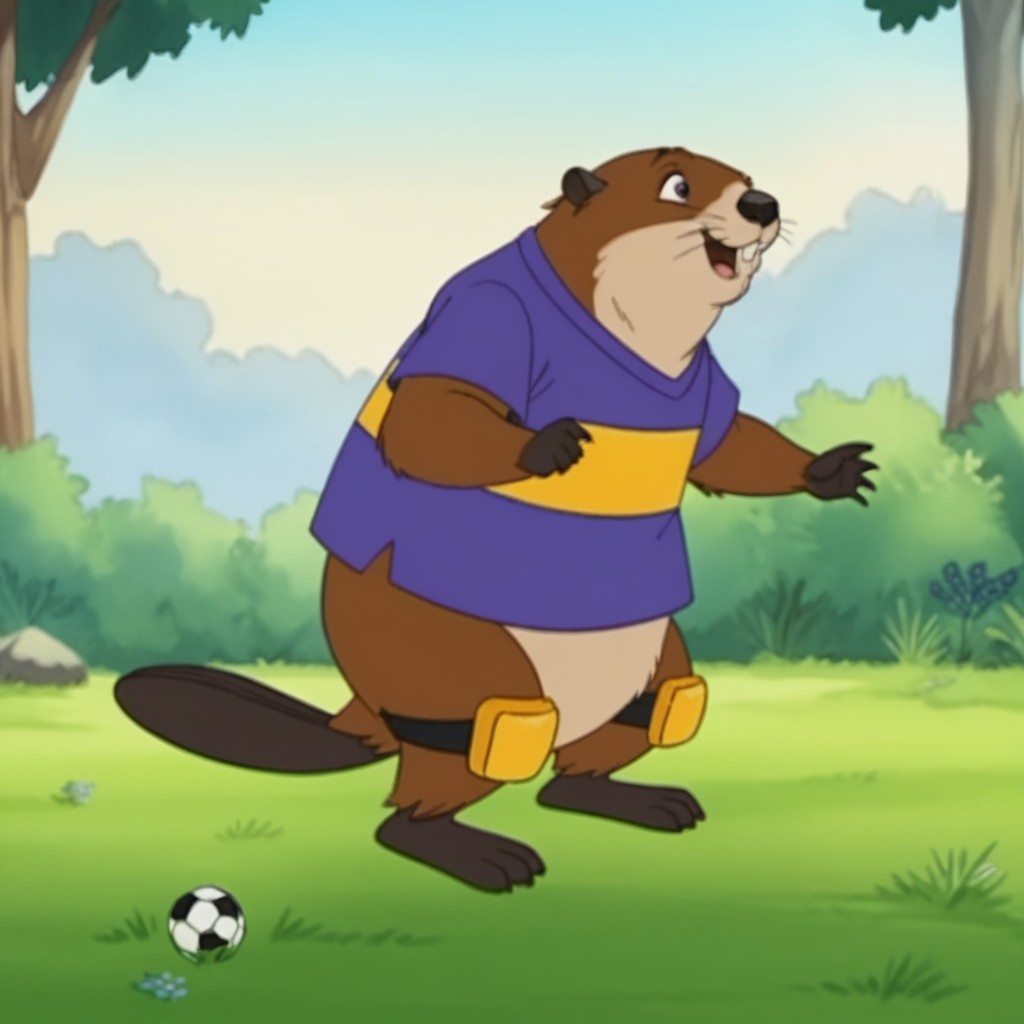 score_9, score_8_up, score_7_up, score_6_up, score_5_up, score_4_up, source_furry, beaverfrnkln, semi-anthro, female, beaver, brown fur, buck teeth, outside, in a field, purple shirt, yellow knee pads, soccer