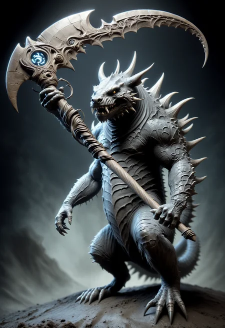 hive-like void kinetic japanese stocky Tarasque,  mud skin, elemental
  holding a DonM5cy7h3XL scythe, single blade  <lora:DonM5cy7h3XL-v1.1-000006:0.8>