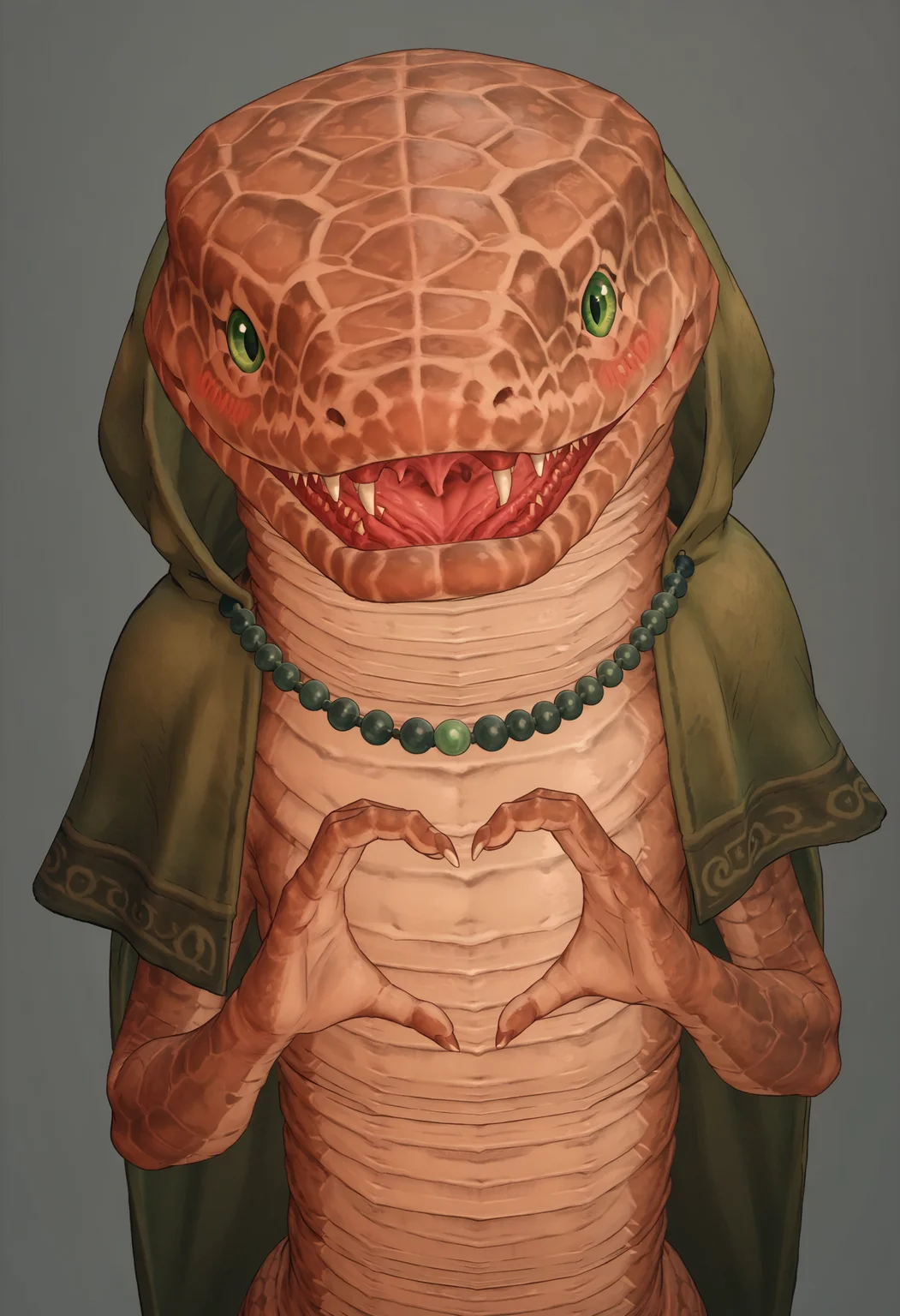 score_9, score_8_up, score_7_up, score_6_up, score_5_up, score_4_up, 1girl, <lora:Zorayas:0.85> solo, no humans, snake, green eyes, monster, scales, teeth, fangs, necklace, jewelry, beads, hood, cloak, looking at viewer, heart hands, blush,
light blue background, (simple background),