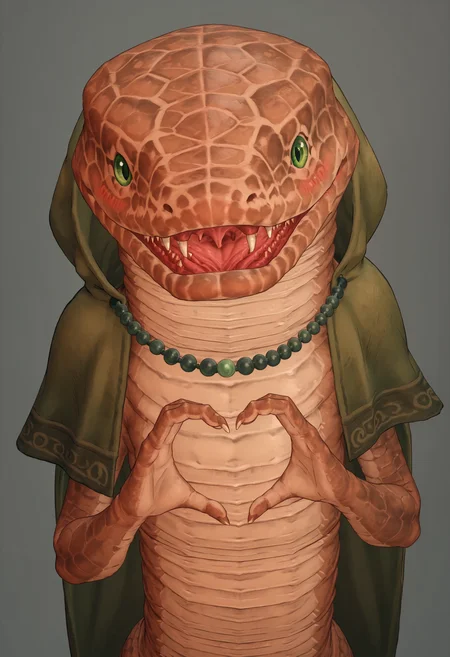 score_9, score_8_up, score_7_up, score_6_up, score_5_up, score_4_up, 1girl, <lora:Zorayas:0.85> solo, no humans, snake, green eyes, monster, scales, teeth, fangs, necklace, jewelry, beads, hood, cloak, looking at viewer, heart hands, blush,
light blue background, (simple background),