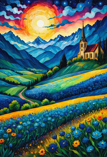 Field of blue flowers mountains gothic church Soft watercolors illustration painting High gothic Vincent van Gogh starry night sky multi-colorful hyper-colorful multi-layered sunset eclipse multi-colorful hyper-colorful background intricate motifs perfect composition masterpiece insanely-detailed extreme-detailed hyper-detailed beautiful volumetric deep rich colors volumetric lighting shadows Ray tracing rough edges, abstract art complementary colors fine details<lora:xl_more_art-full_v1:0.3>