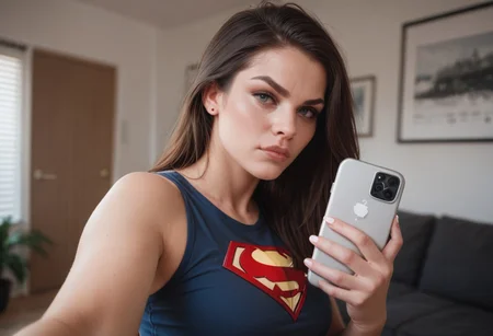 score_9, score_8_up, score_7_up, score_6_up, casual selfie, tough woman, serious face, superhero
