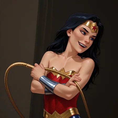 dynamic pose, side body, wonder woman, young, fine features, arms crossed, sideways, 3/4 profile while giving a mischievous smile and holding a golden whip in one hand. slim body, flat chest, short stature, half body, pov. missing teeth, mischievous eyes. New York City in the background