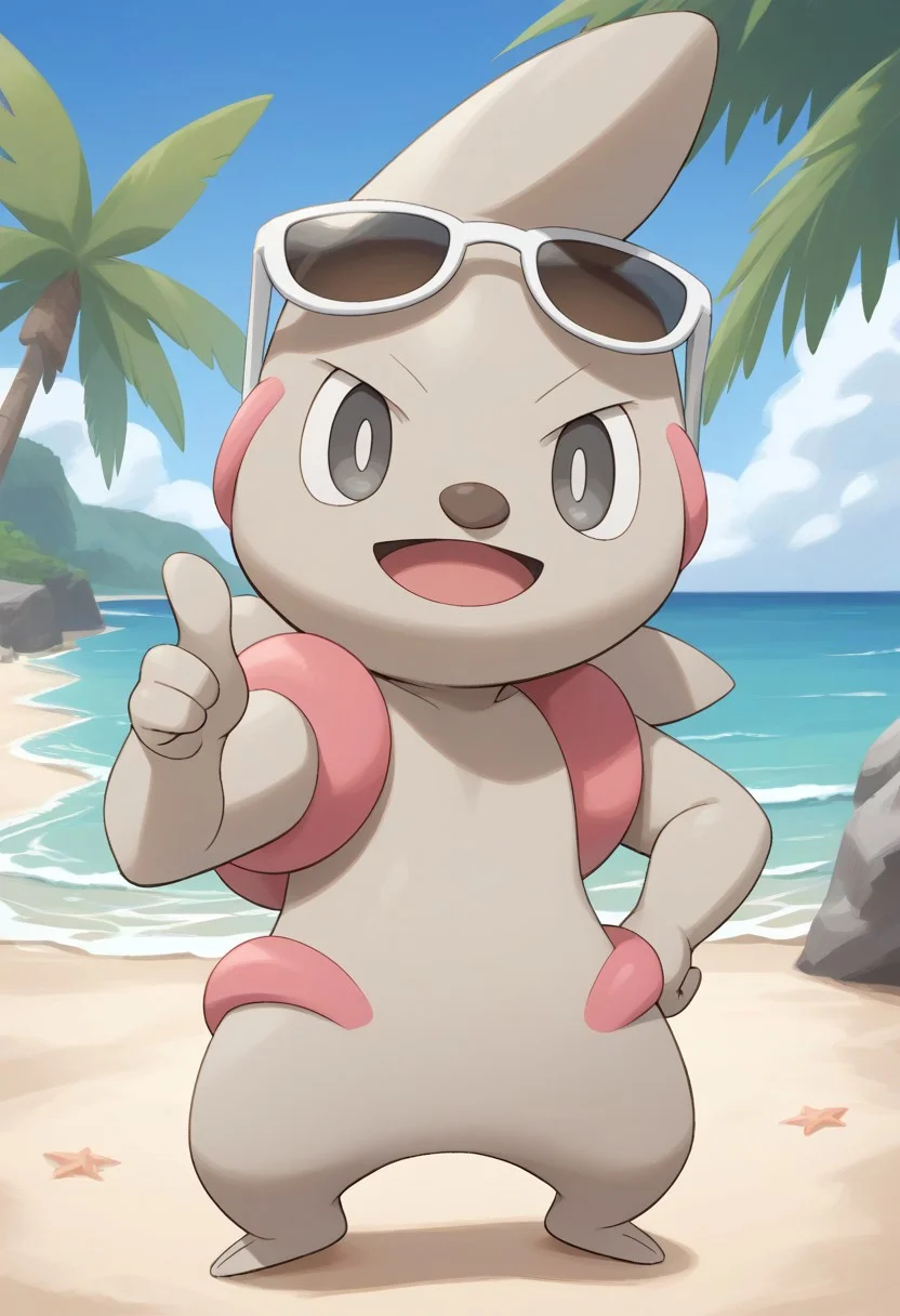 (source_anime, score_9, score_8_up, score_7_up:1), timburr, sunglasses, thumbs up, open mouth, looking at viewer, outdoors, beach, no humans, pokemon \(creature\)
