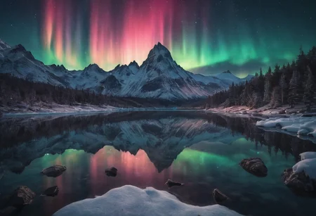 A mesmerizing landscape photograph depicting the aurora dancing over an alpine lake, inspired by the ethereal beauty of the northern lights and the pristine landscapes captured by landscape photographer Max Rive. Brilliant aurora colors, reflected in the calm lake waters, towering alpine peaks, snow-capped mountains, starry sky, silhouetted trees, mirrored symmetry, otherworldly atmosphere, surreal glow, mystical allure, remote wilderness, serene tranquility, dramatic contrast, awe-inspiring spectacle, celestial magic.