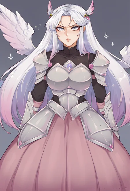 <lora:Spookiebuni_Artist_Style_PDXL:0.8>, score_9, score_7_up, source_anime, BREAK purple clothes,, serious, 1girl, white eyes, white hair, very long hair, parted hair, parted bangs, gradient hair, lilac hair, medium breasts, wing hair ornament, valkyrie, black bodysuit, armor, gauntlets, greaves, pink breastplate, grey armored skirt, armored dress, pink hues,