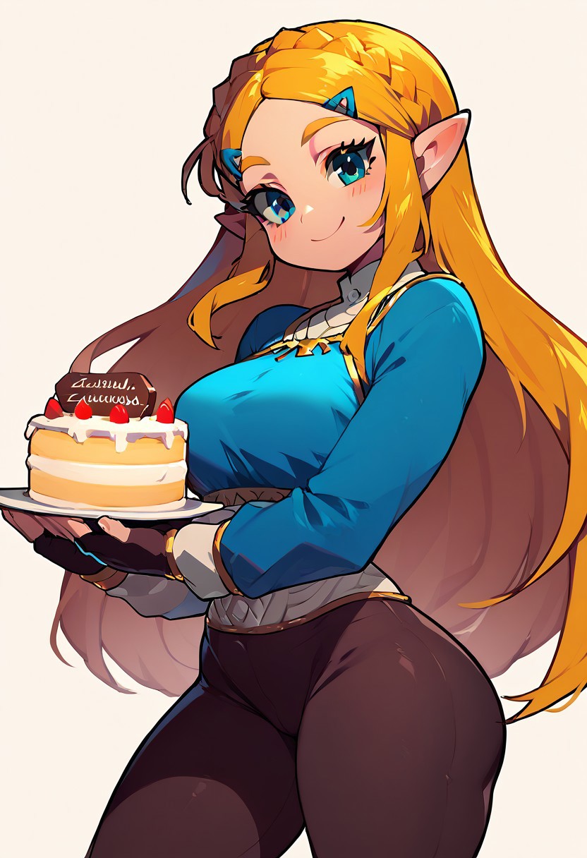 score_9, score_8_up, score_8, medium breasts, (curvy), cute, eyelashes,     
zzHoldingCake, 
 princess zelda, long hair, crown braid, hairclip, pointy ears, blue shirt, long sleeves, fingerless gloves, black gloves, black pants, tight pants, smile, curvy, head tilt,