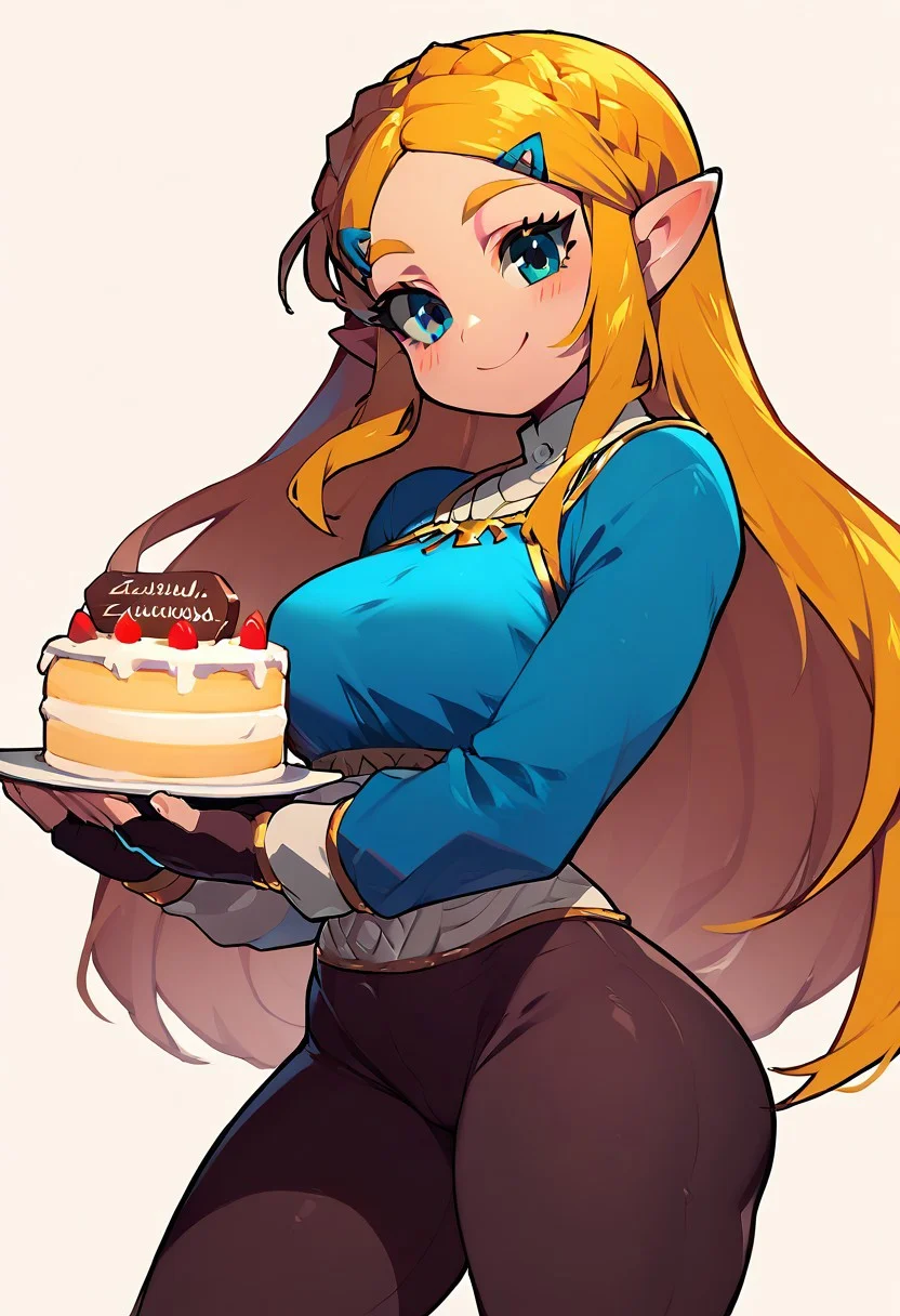 score_9, score_8_up, score_8, medium breasts, (curvy), cute, eyelashes,
zzHoldingCake,
princess zelda, long hair, crown braid, hairclip, pointy ears, blue shirt, long sleeves, fingerless gloves, black gloves, black pants, tight pants, smile, curvy, head tilt,