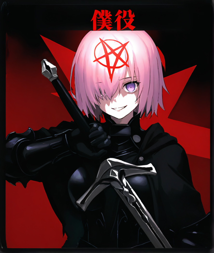 masterpiece, absurdres, aesthetic, best quality,newest, very awa, highres, absurdres, detailed,
<lora:noobai_vpred_1_masterpieces_v23:1>ï¼
<lora:shiej007:0.3>,
<lora:FKEY:0.3>,
depth of field, film grain, (chromatic abberation),  (negative space:1.2),
(bloom,HDR:1.25),
1 girl,
holding sword,
mash kyrielight, 
red star \(symbol\) on forhead,
looking at viewer,
<lora:test_puyi_IL-000008:1:lbw=0,0,0,0,0,1,1,1,1,1,1,1,1,1,1,1,1,0,0,0,0,0,0,0,0,0>,
empty eyes,
red background,
evil smile,
black border,