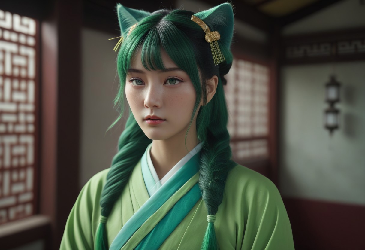 masterpiece, best quality, 8k, amazing quality, photorealistic, scinematic, Volumetric lighting, depth of field, wide angle, cinematic, realistic. 1girl, solo, <lora:Mao Mao:1> ma0ma0_default, green hair, long hair, blunt bangs, hair ornament, twintails, blue eyes, freckles, hair over shoulders, multi-tied hair, half updo, chinese clothes,green hanfu, wide sleeves, long sleeves, looking at viewer, cat ears, animal ear fluff, pout, :t, closed mouth