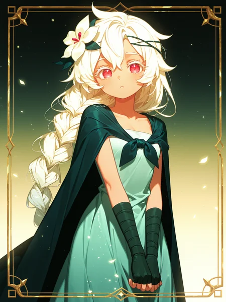 <lora:WhiteLilyXL:1> WLC, 1girl, strapless dress, cape, arm wrap, hair flower, long hair, single braid, long dress, fingerless gloves, white eyelashes, cute,
<lora:cfg_scale_boost:0.5> [lazypos], inset border, cowboy shot, looking at viewer, gradient background, <lora:spo_sdxl_10ep_4k-data_lora_webui:0.4> <lora:retrocute:1>, <lora:omoyunakyu715-_style_Illustrious:0.5> omoyu_nakyu715,