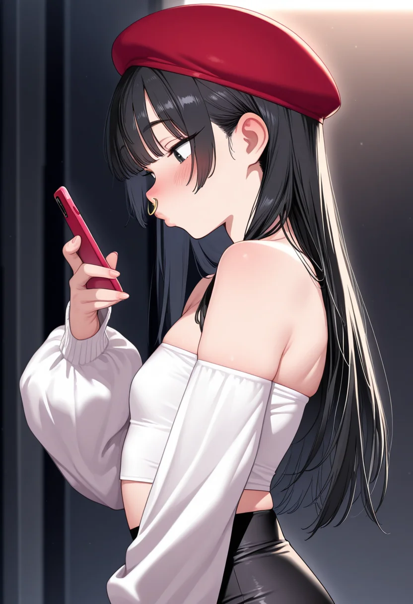 ultra detailed, masterpiece, best quality, solo, 1boy, adult, femboy, red beret, black hair, bangs, long hair, blush, white crop top, bare shoulders, baggy sleeves, strapless, long sleeves, red pencil skirt, holding phone, hand up, feminine pose, puckered lips, from side, nose ring, cowboy sot, street, h0r1h3r0s, <lora:HORIEROS_Style_ILL:0.81>