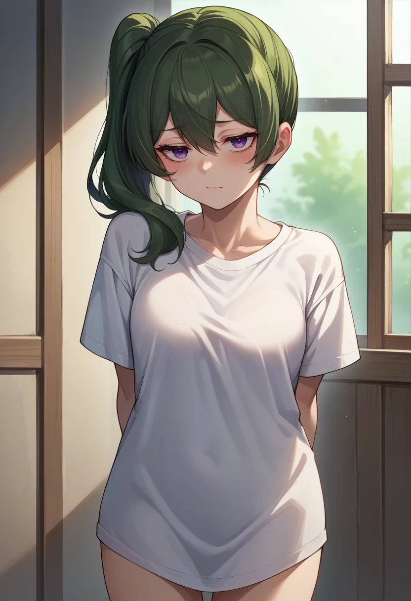 score_9, score_8_up, source_anime, 1girl, solo, UbelFrieren, purple eyes, dark green hair, medium hair, side ponytail, oversized t-shirt, no pants, blush, arms behind back, <lora:CHAR-UbelPonyXL:1>