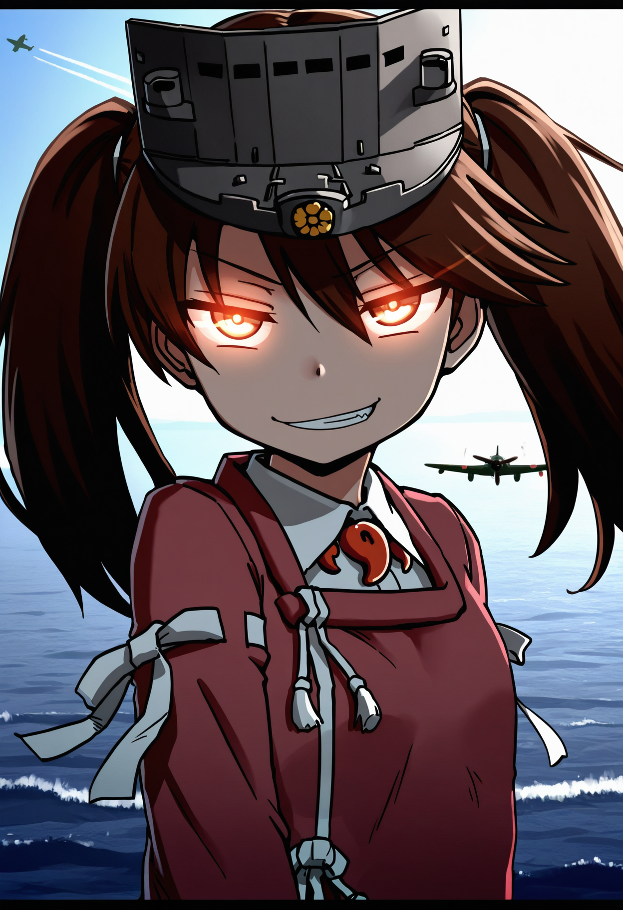 masterpiece,best quality,amazing quality,
1girl, ryuujou (kancolle), brown hair, twintails, solo, visor cap, airplane, aircraft, brown eyes, smile, magatama, letterboxed, kariginu, japanese clothes, glowing, smirk, grin, onmyouji, long hair, looking at viewer, glowing eyes,
<lora:Drifter:1>