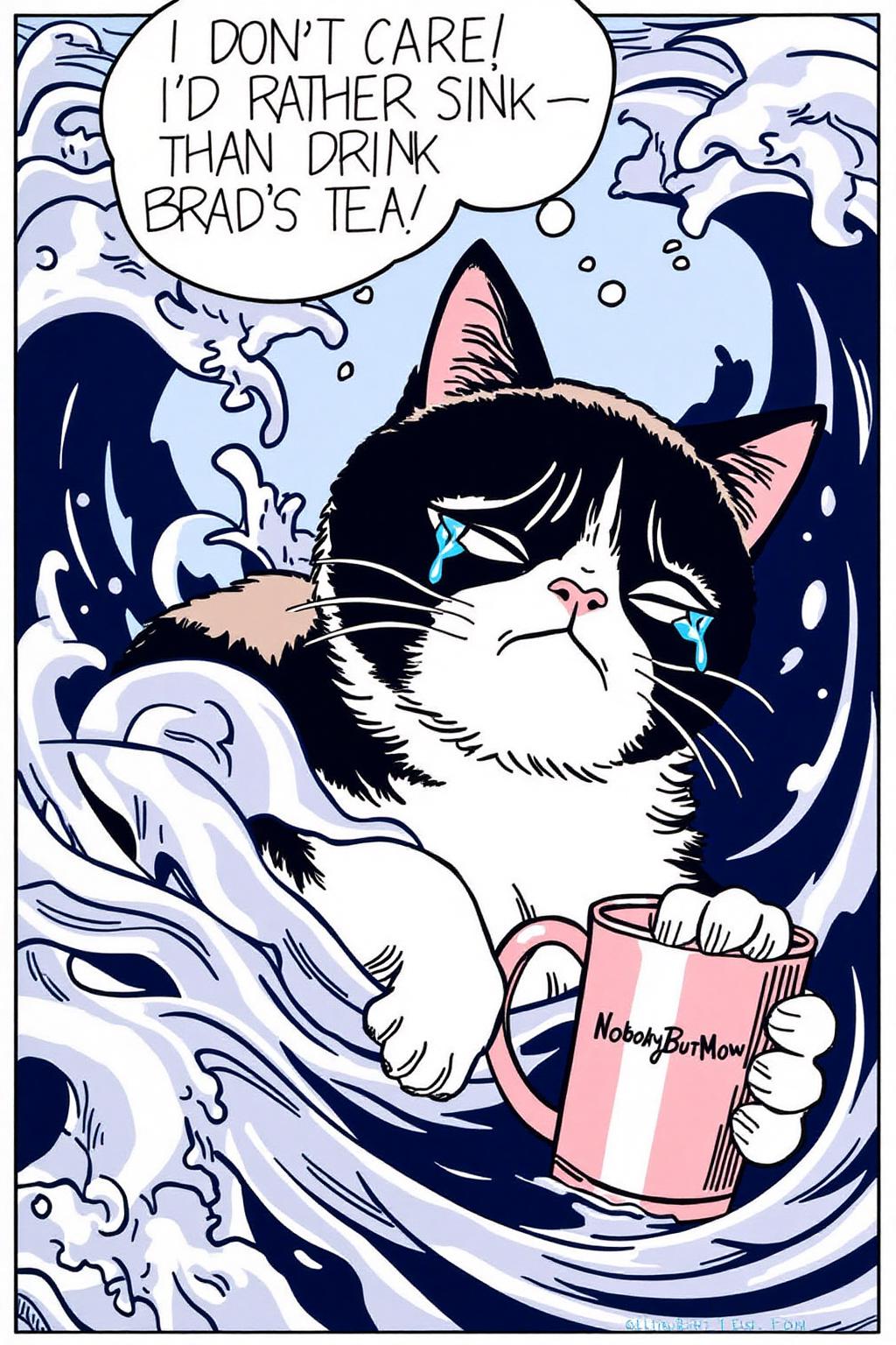 lichtenstein1 illustration. Grumpy Cat sinking in a choppy sea, with her shoulder and one paw, holding a coffee mug with the word "NobodyButMeow" written on it, visible above the water. She has long dark blue hair, her eyes closed, and tears streaming down her face. There is a thought bubble containing the text "I DON'T CARE! I'D RATHER SINK -- THAN DRINK BRAD'S TEA!"  <lora:lichtenstein1_cap_d6a3e8:1.0><lora:836241286844452991:0>