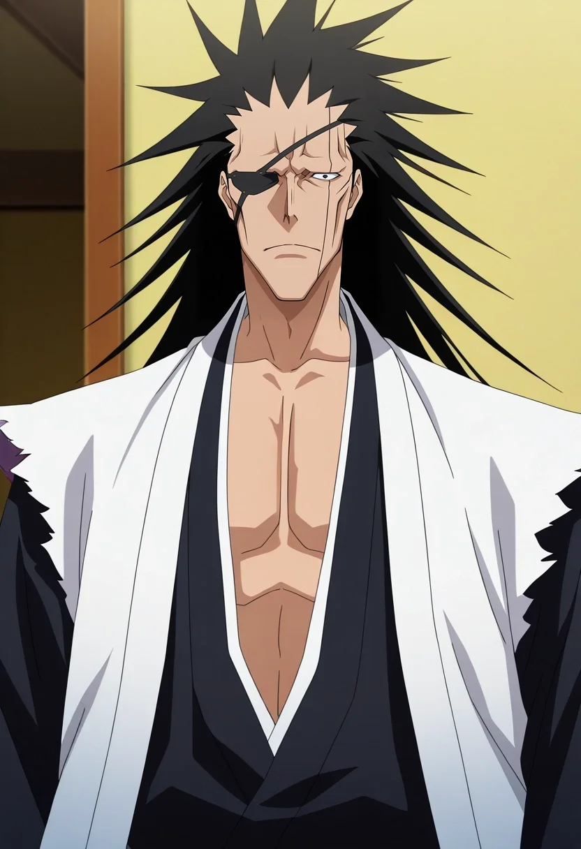 masterpiece, best quality, intricate details, anime screencap, anime coloring, official style, , , 1boy, solo, male focus, <lora:kenpachi_zaraki_ilxl:0.92>, kenpachi_zaraki, black hair, black eyes, long hair, japanese clothes, eyepatch, , ,
