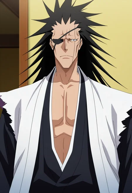 masterpiece, best quality, intricate details, anime screencap, anime coloring, official style, , , 1boy, solo, male focus, <lora:kenpachi_zaraki_ilxl:0.92>, kenpachi_zaraki, black hair, black eyes, long hair, japanese clothes, eyepatch, , ,