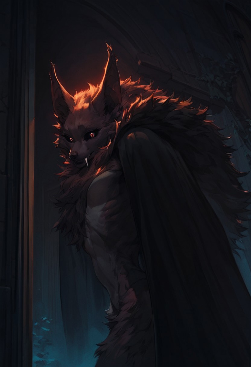 score_9, score_8_up, score_7_up, beautiful monster girl, 1 vampire bat, fur, two toned fur, furred body, fur along chest, extremely detailed, f4ng, (through window), (climbing through window), looking in, sharp fangs, shrouded in fog, hiding, low light, in shadow, night, fur around neck, bat ears, close up:2, perfect teeth, back lighting, dynamic blue lighting,  small chest, (back to viewer), moon, fur covering nipples, covered in cloak, detailed fur, long black cloak, skin texture, slight smile,  fully covered, vestigial wings, pubic tuft, looking down, wide hips, thin waist, curvy body, large eyes, wide eyes, black sclera, black pupils, glossy eyes, (from below), easynegative