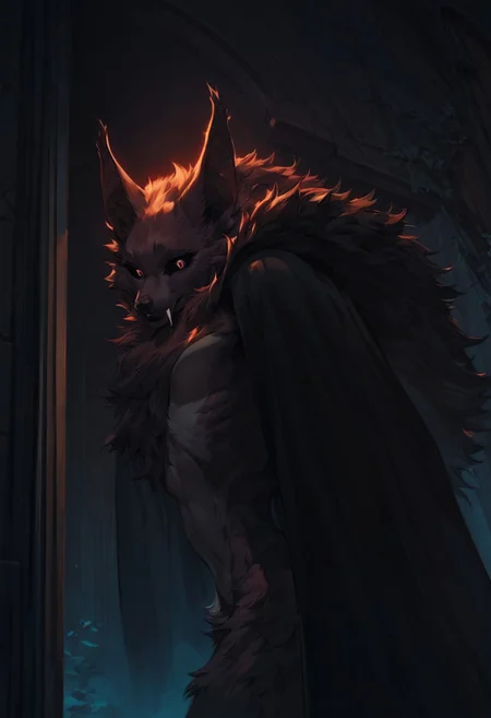 score_9, score_8_up, score_7_up, beautiful monster girl, 1 vampire bat, fur, two toned fur, furred body, fur along chest, extremely detailed, f4ng, (through window), (climbing through window), looking in, sharp fangs, shrouded in fog, hiding, low light, in shadow, night, fur around neck, bat ears, close up:2, perfect teeth, back lighting, dynamic blue lighting,  small chest, (back to viewer), moon, fur covering nipples, covered in cloak, detailed fur, long black cloak, skin texture, slight smile,  fully covered, vestigial wings, pubic tuft, looking down, wide hips, thin waist, curvy body, large eyes, wide eyes, black sclera, black pupils, glossy eyes, (from below), easynegative