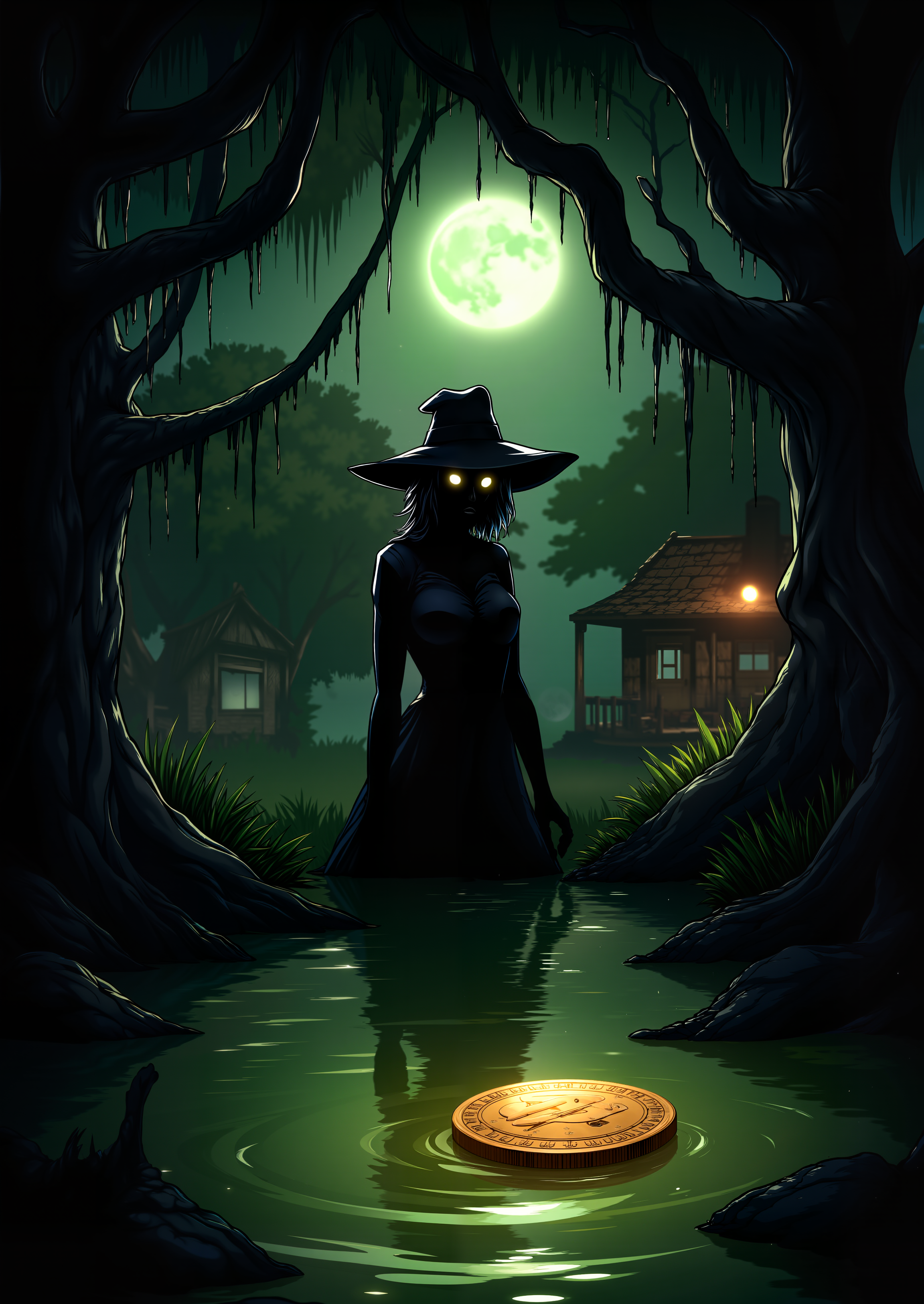 In the foreground, a dark, shadowy silhouette of Mama Zora looms over the scene, her piercing eyes glowing faintly under the brim of her wide hat. She stands beneath gnarled cypress trees dripping with Spanish moss, their twisted branches framing the full moon above. The bayou waters glisten with an eerie, greenish glow, reflecting a cracked wooden shack on the edge of the swamp. A gold coin floats ominously on the water's surface, its reflection swirling into the shape of a skeletal hand. <lora:Videogame_Cartoon_Flux><lora:detailed_flux_ntc:2.2><lora:aidmaImageUpgrader-FLUX-V0.1:0.65>