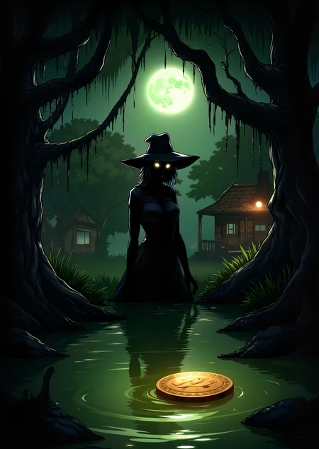 In the foreground, a dark, shadowy silhouette of Mama Zora looms over the scene, her piercing eyes glowing faintly under the brim of her wide hat. She stands beneath gnarled cypress trees dripping with Spanish moss, their twisted branches framing the full moon above. The bayou waters glisten with an eerie, greenish glow, reflecting a cracked wooden shack on the edge of the swamp. A gold coin floats ominously on the water's surface, its reflection swirling into the shape of a skeletal hand. <lora:Videogame_Cartoon_Flux><lora:detailed_flux_ntc:2.2><lora:aidmaImageUpgrader-FLUX-V0.1:0.65>