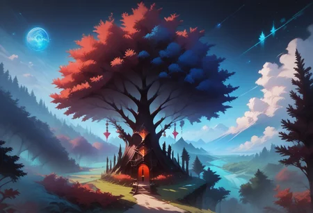 (score_9), (score_8_up), (score_7_up), (Cell Shading), (source_anime)+, (masterpiece), best quality, tree, bioluminescent trees, floating islands, fantasy aesthetic, misty atmosphere, surreal sky, white void