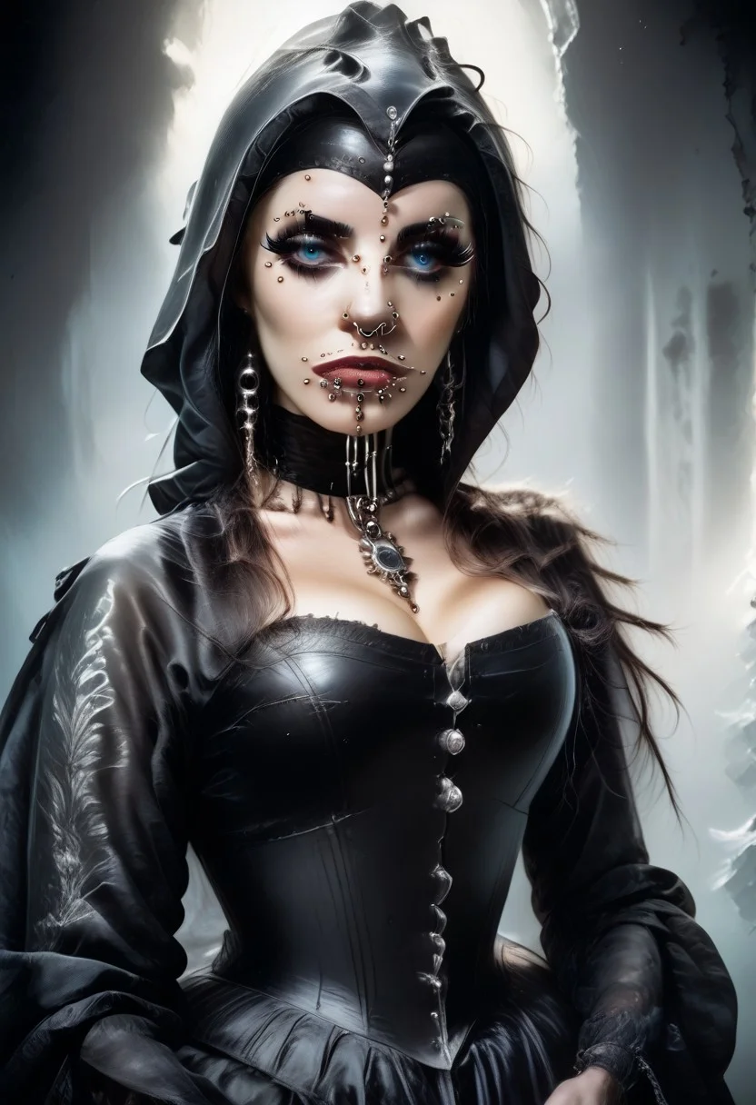 score_9, score_8_up, score_7_up, rating_safe, concept art, realistic, dark theme, low light, dvr-gs, Fixhand.
1girl, solo, blue eyes. Sexy makeup.
(Big breast:1.2), (Round breast:1.2).
((ExtrFacePiercing:1.8)).
((latexHood)), ((noHair)), ((hairless)).